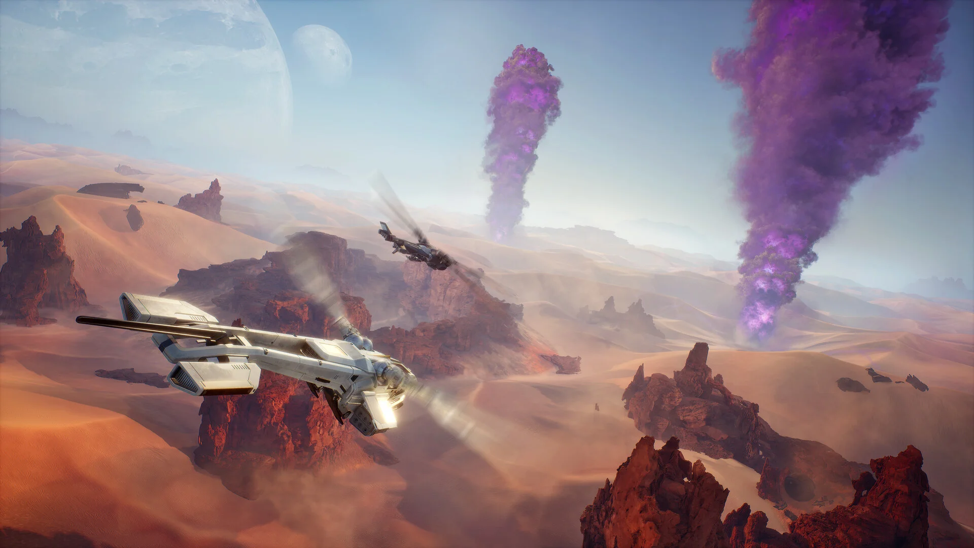 Ornithopters flying over Deep Desert purple spice clouds
