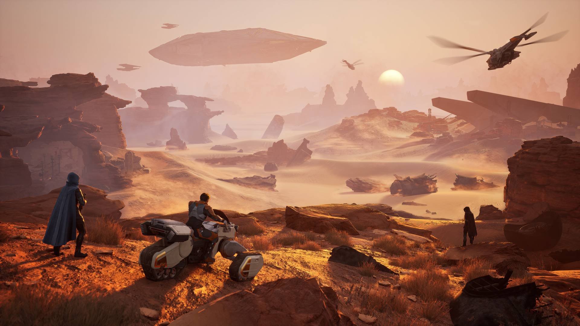 Factions and vehicles competing in spice-rich desert zone