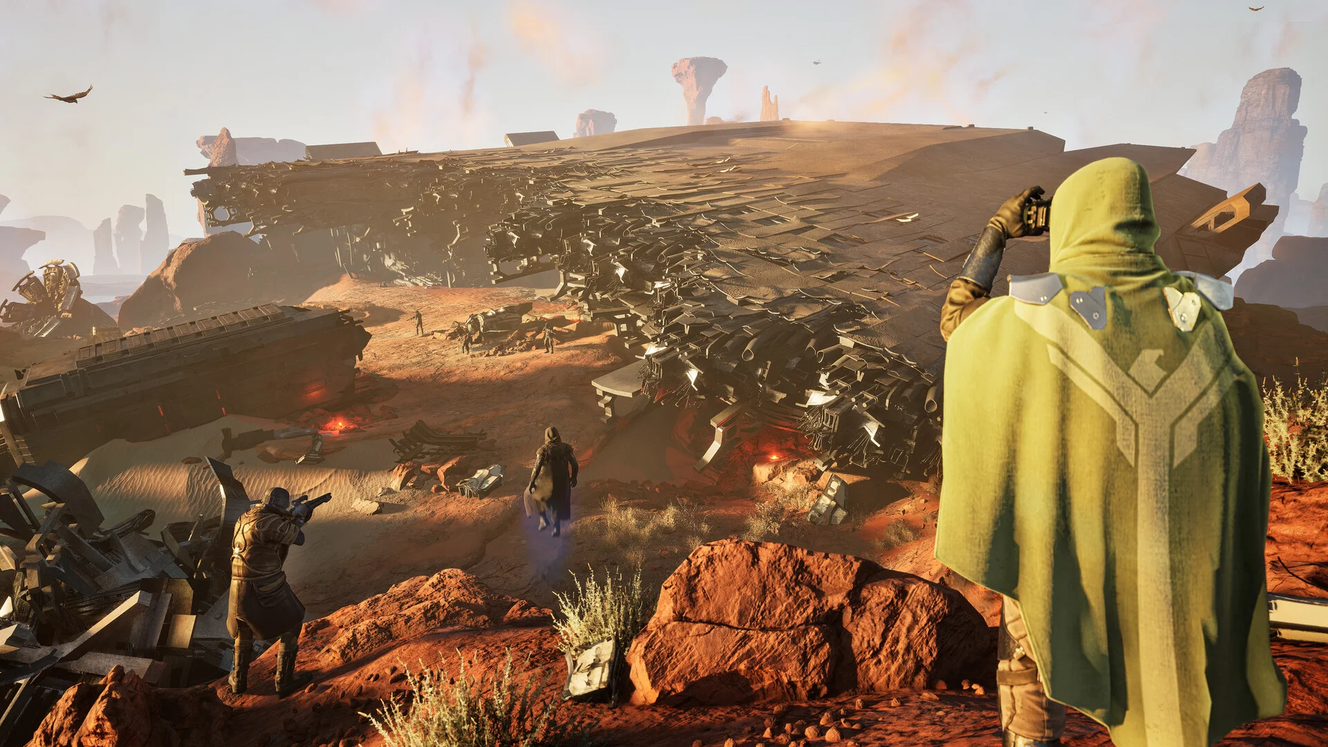Scavengers approaching crash site and wrecked mega ship